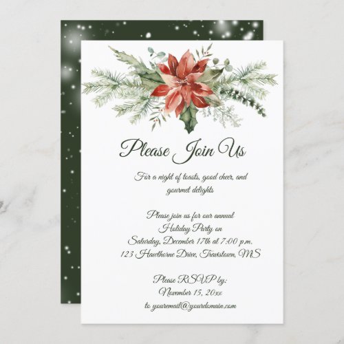 Red Poinsettia Pine Snowflakes Christmas Party Inv Invitation