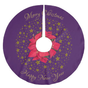 Red Poinsettia Plant on glitter starry purple sky Brushed Polyester Tree Skirt