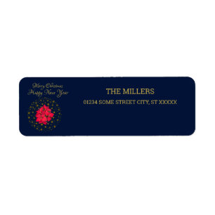 Red Poinsettia Plant on glittering starry blue sky Label