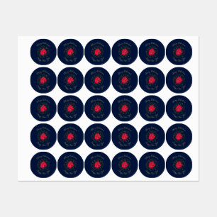 Red Poinsettia Plant on glittering starry blue sky Labels