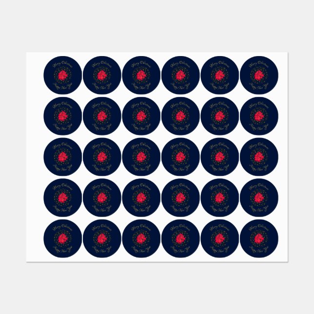 Red Poinsettia Plant on glittering starry blue sky Labels (Sheet)