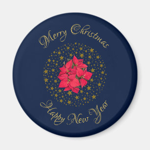 Red Poinsettia Plant on glittering starry blue sky Magnet