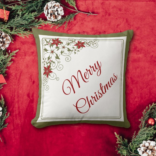 Red Poinsettia Retro Swirl Pattern Christmas Throw Pillow (Creator Uploaded)