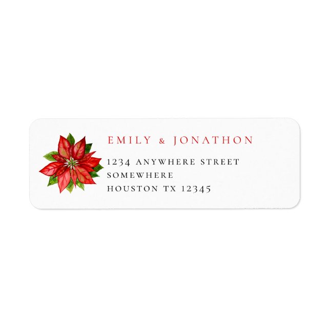 Red Poinsettia Return Name Address Xmas Wedding Label (Front)