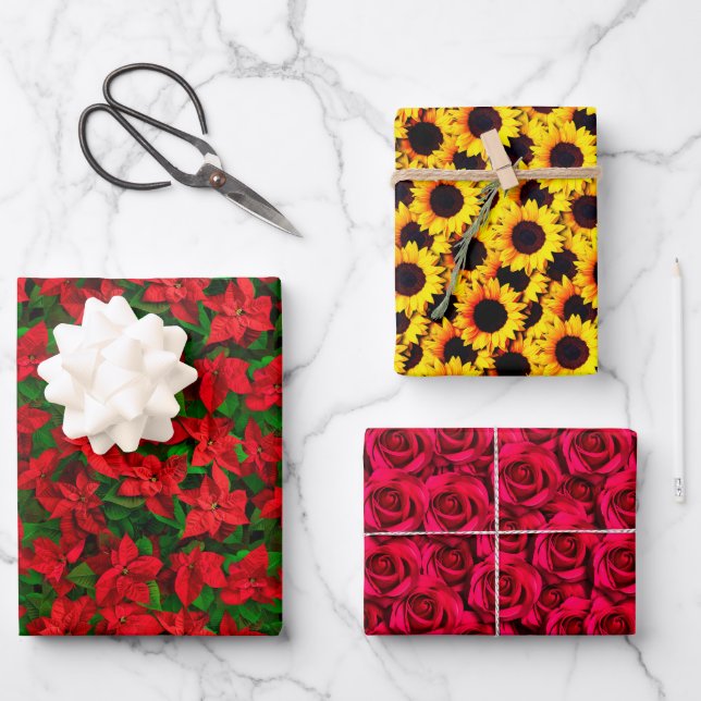 Red Poinsettia Rose Sunflower elegant chic floral Wrapping Paper Sheets (Front)