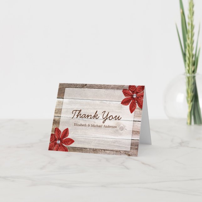 Red Poinsettia Rustic Barn Wood Thank You Card (Front)