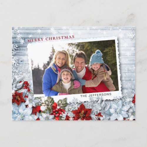Red Poinsettia Rustic Christmas PHOTO Holiday Card