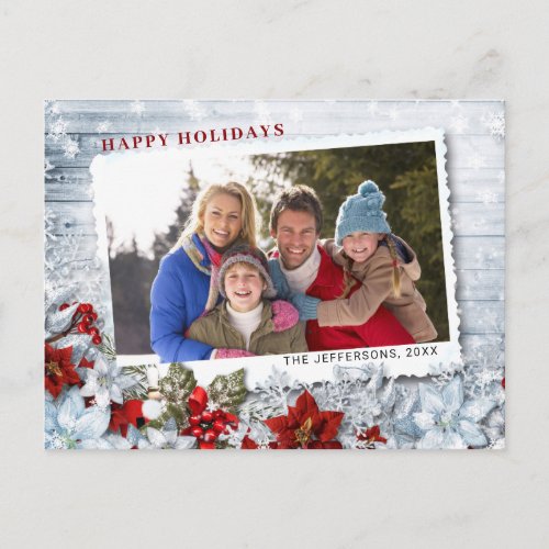 Red Poinsettia Rustic Christmas PHOTO Holiday Postcard