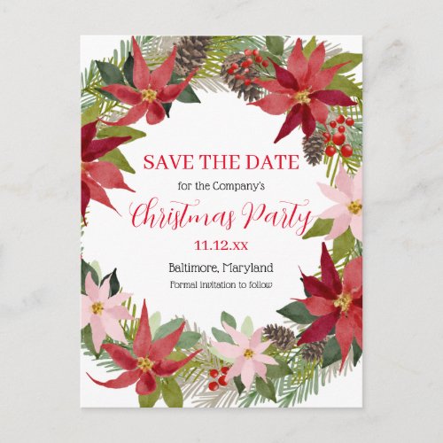 Red Poinsettia  Save The Date Christmas Party Announcement Postcard