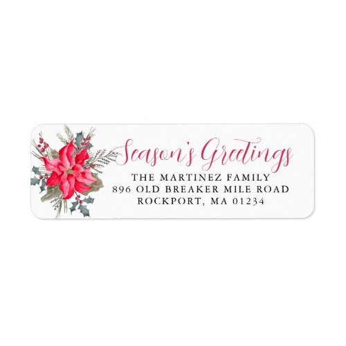 Red Poinsettia Seasons Greetings Return Address Label