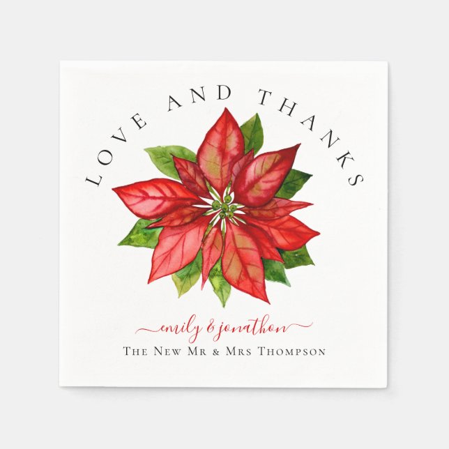 Red Poinsettia Thank You Names Christmas Wedding Napkins (Front)