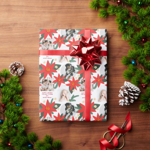 Red Poinsettia Three Photo Christmas Holiday Wrapping Paper