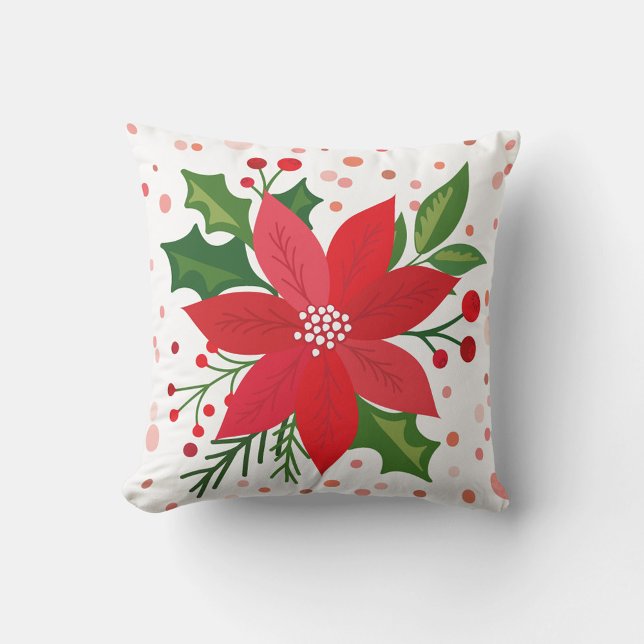 Red Poinsettia Throw Pillow (A square throw pillow features a festive holiday design.)