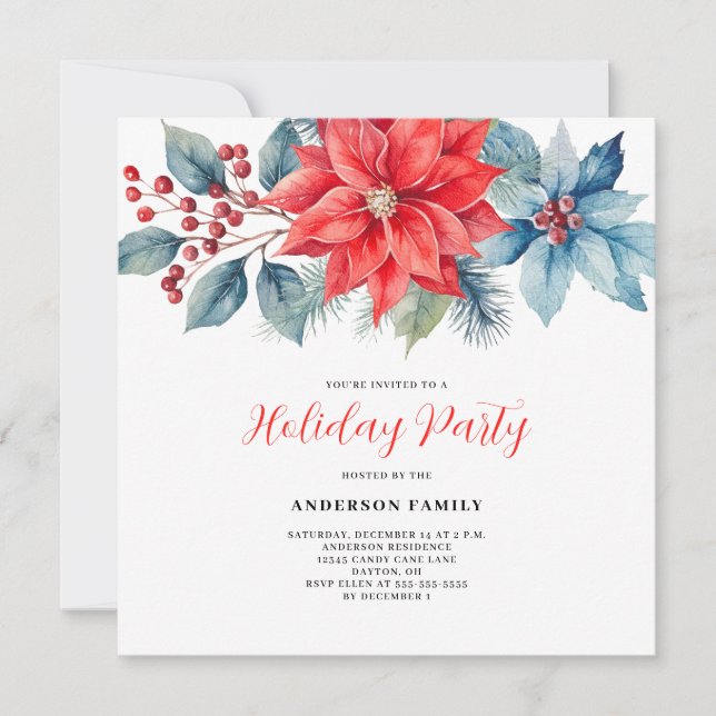 Red Poinsettia Watercolor Christmas  Invitation (Front)