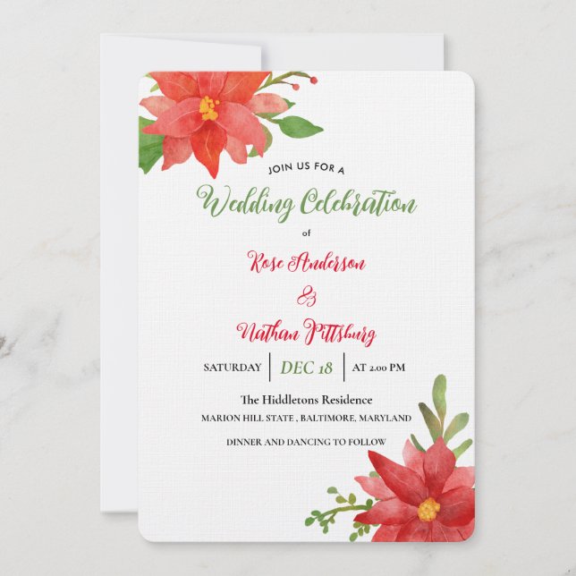 Red Poinsettia Watercolor Floral Christmas Wedding Invitation (Front)