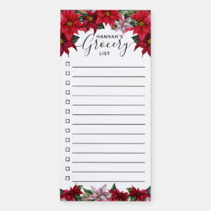 Red Poinsettia Watercolor Floral Grocery List Magnetic Notepad