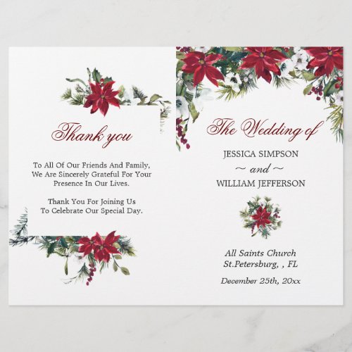 Red Poinsettia Watercolor Folded Wedding Program