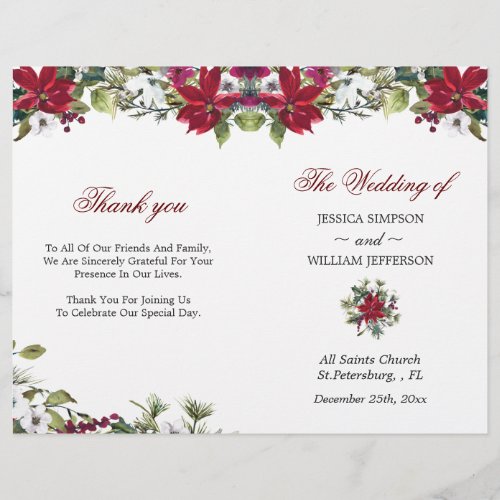 Red Poinsettia Watercolor Folded Wedding Program