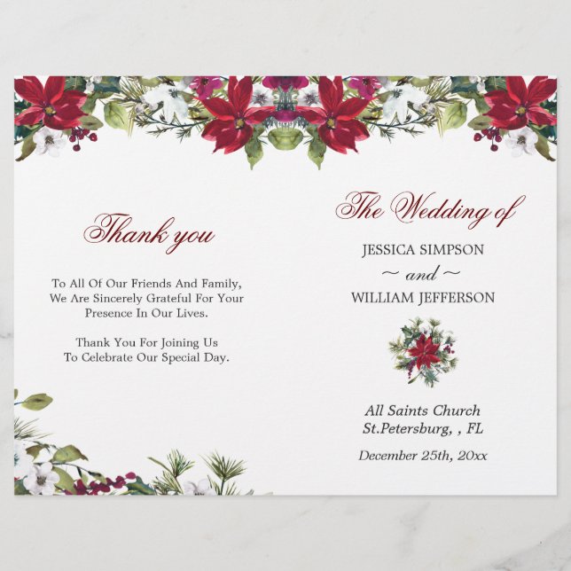 Red Poinsettia Watercolor Folded Wedding Program (Front)