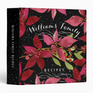 Red Poinsettia Watercolor Holiday Family Recipe 3 Ring Binder
