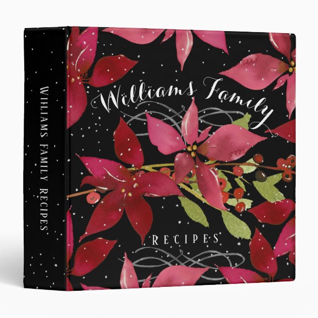 Red Poinsettia Watercolor Holiday Family Recipe 3 Ring Binder (Front/Spine)