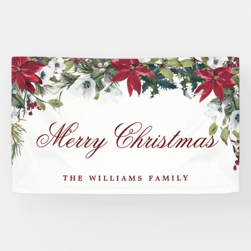 Red Poinsettia Watercolor Merry Christmas Holiday Banner