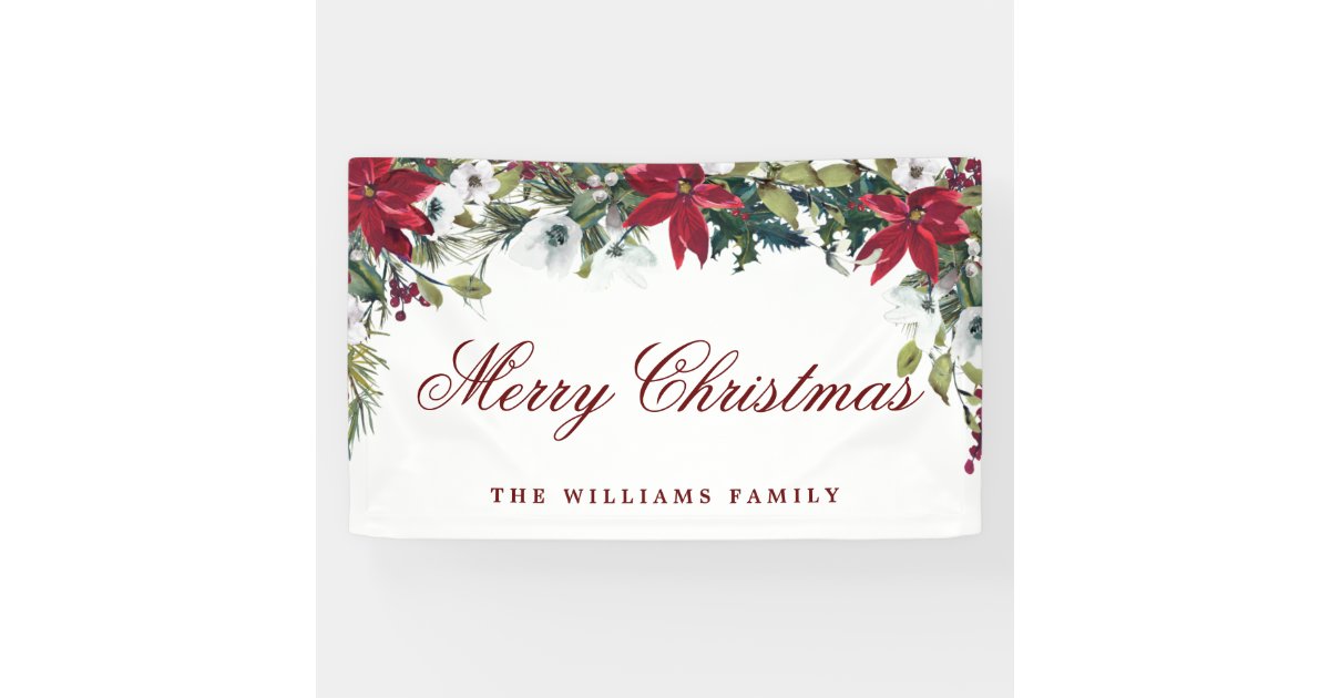Red Poinsettia Watercolor Merry Christmas Holiday Banner | Zazzle