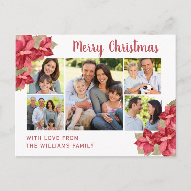 Red Poinsettia Watercolor Merry Christmas  Postcard (Front)