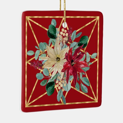 Red Poinsettia Watercolors and Gold Geo Frame Ceramic Ornament