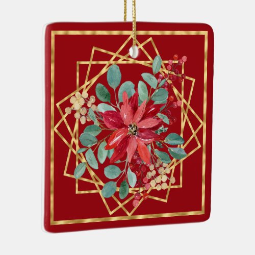Red Poinsettia Watercolors and Gold Geo Frame Ceramic Ornament