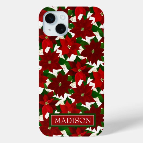 Red Poinsettia White Christmas iPhone 15 Plus Case