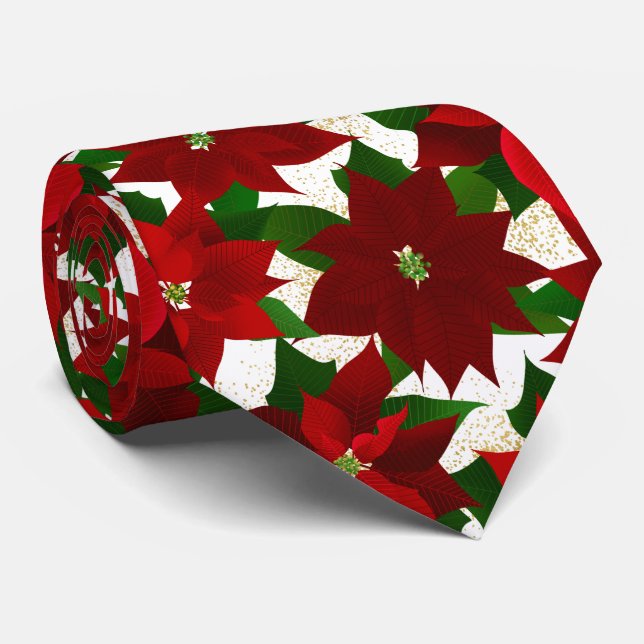 Red Poinsettia White Christmas Neck Tie (Rolled)