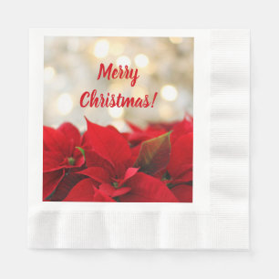 Red Poinsettia White Gold Bokeh Christmas Party Napkins