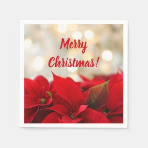 Red Poinsettia White Gold Bokeh Christmas Party Napkins