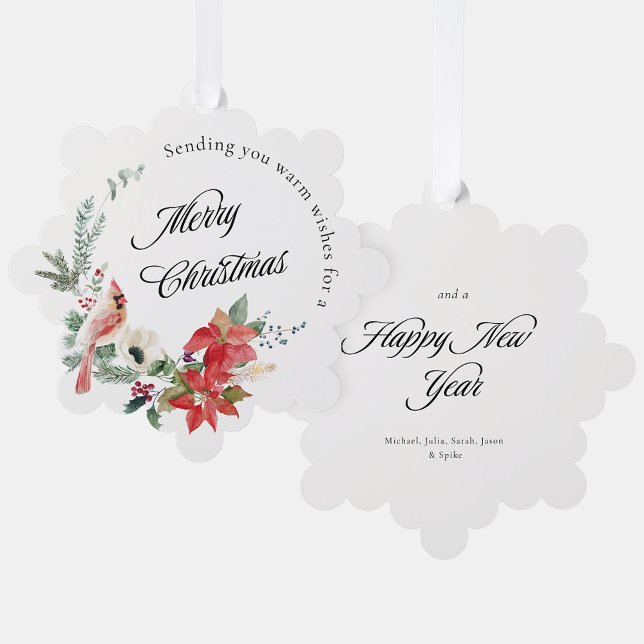 Red Poinsettia Winter Botanicals Merry Christmas Ornament Card (Creator Uploaded)