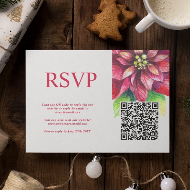 Red Poinsettia Winter Christmas Wedding QR Code  RSVP Card (Creator Uploaded)