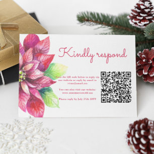 Red Poinsettia Winter Christmas Wedding QR Code RSVP Card