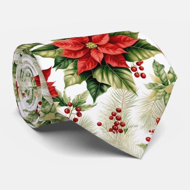 Red Poinsettia Winter Flower Christmas Holiday Neck Tie (Rolled)