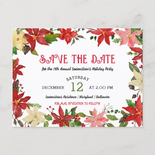 Red Poinsettia Winter Holiday Party Save The Date  Announcement Postcard