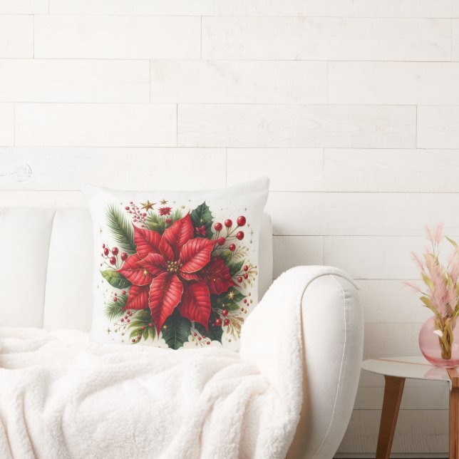 Red Poinsettia with Gold Floral Throw Pillow (Couch)