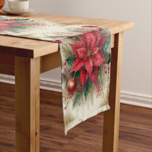 Red Poinsettia with Gold Glitter Christmas Short Table Runner