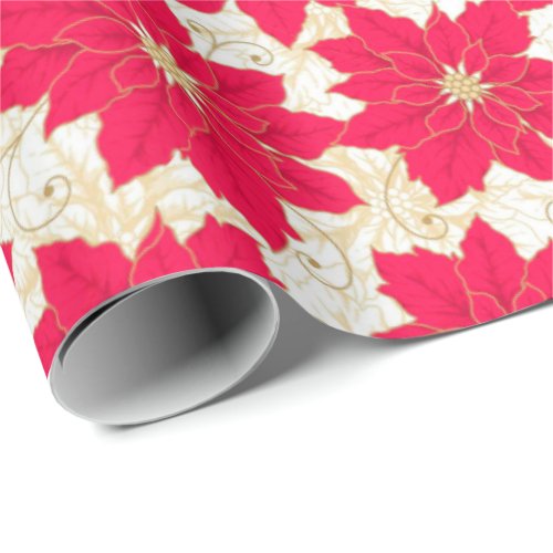 Red Poinsettia with gold swirls Seasons Greetings Wrapping Paper