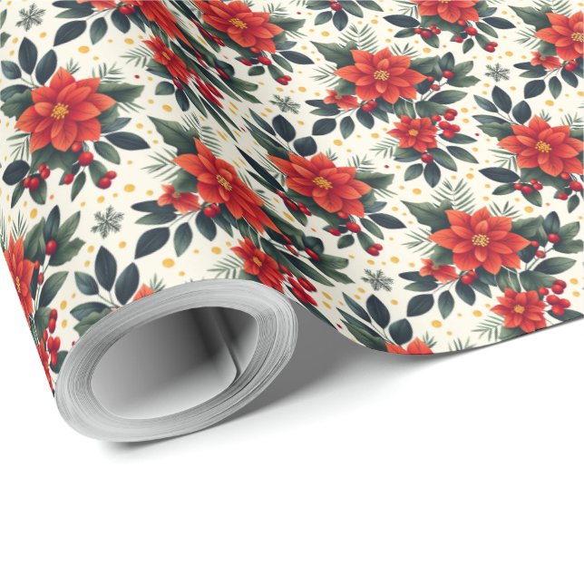 Red Poinsettia with Snowflakes Christmas Gift Wrap (Roll Corner)