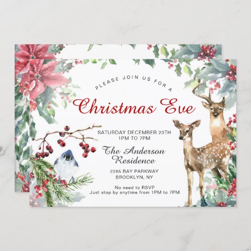 Red Poinsettia Wreath Deer  Bird Christmas Eve Invitation
