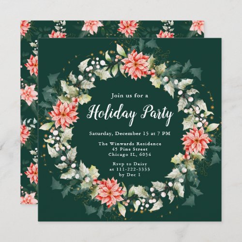 Red Poinsettia Wreath Holiday Party Invitation