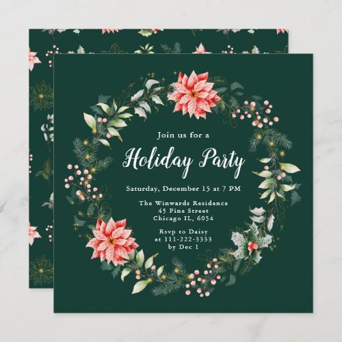 Red Poinsettia Wreath Holiday Party Invitation