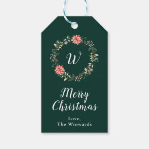 Red Poinsettia Wreath Merry Christmas Gift Tags