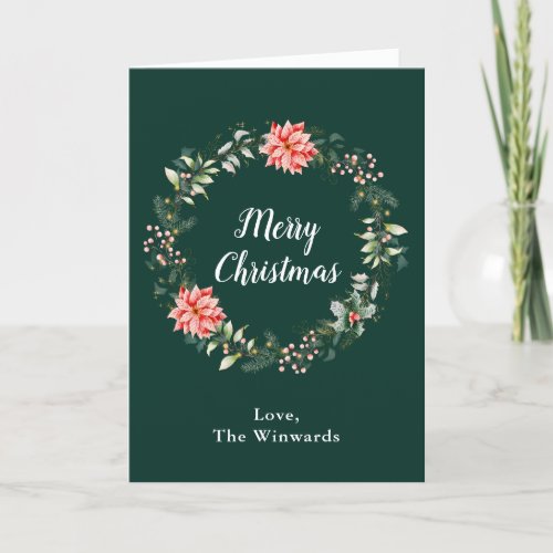 Red Poinsettia Wreath Merry Christmas Holiday Card