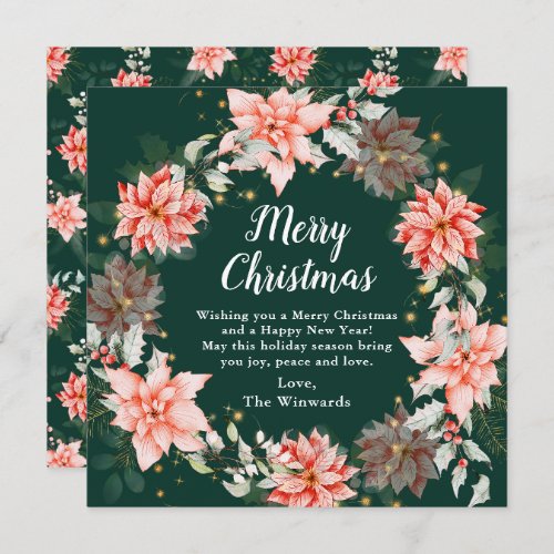 Red Poinsettia Wreath Merry Christmas Holiday Card