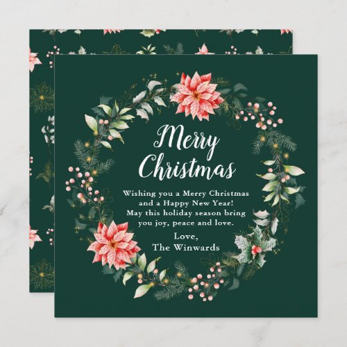 Red Poinsettia Wreath Merry Christmas Holiday Card